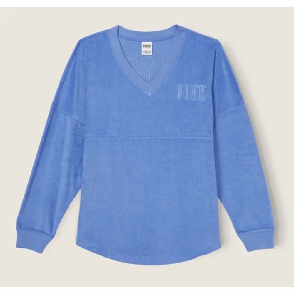 Victorias Secret PINK Varsity Terry V-Neck Pullover Oversized Sweatshirt Blue